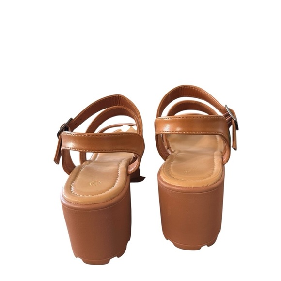Tan Platform Sandals with Chunky Heel and Slingback Straps - Picture 3 of 5